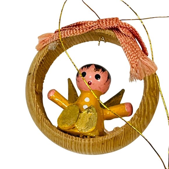 Handcrafted Wooden Angel Ornaments Set Of 3 With Ribbon Accents & Gold Wings - Picture 4 of 6